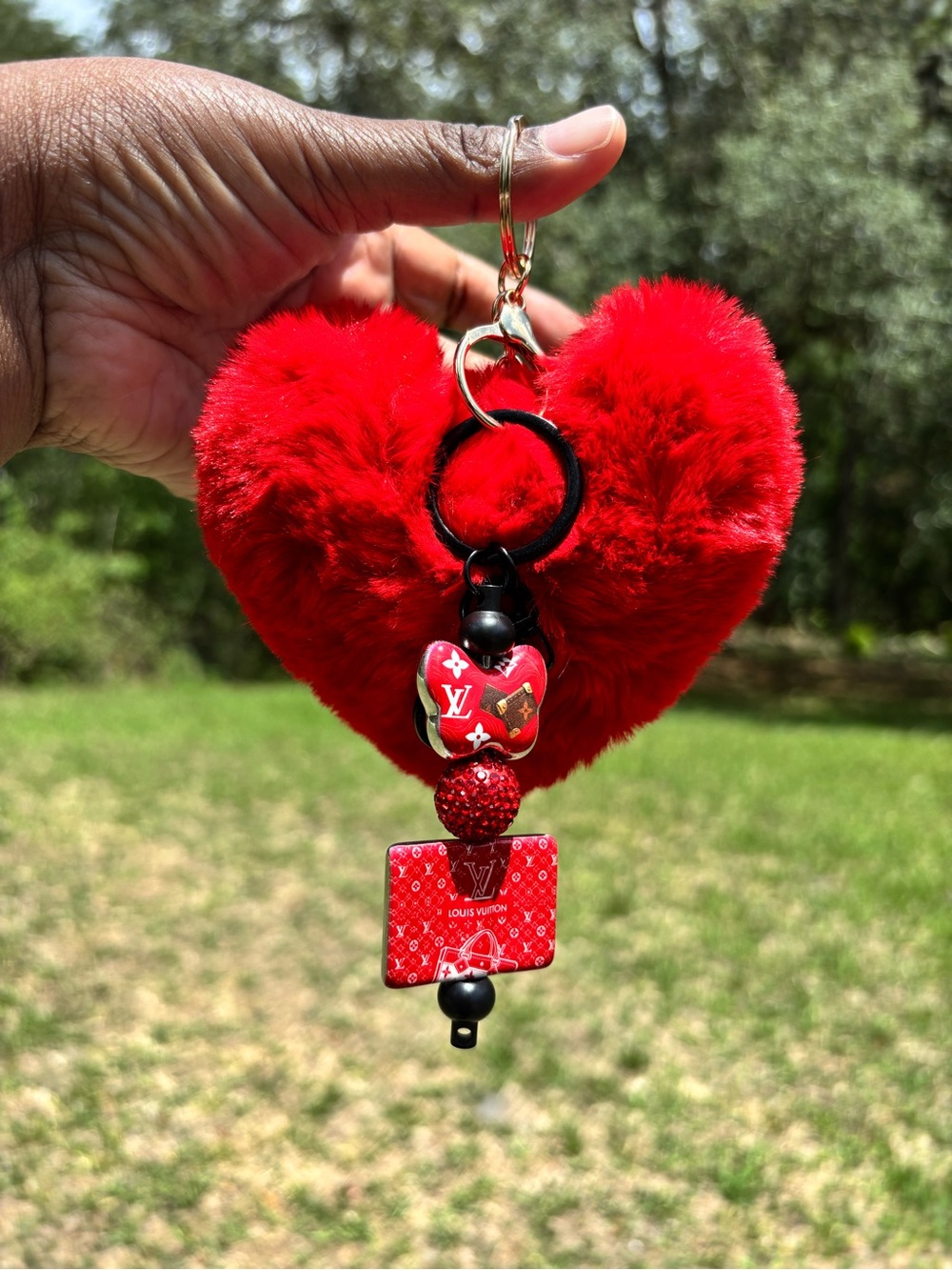 Custom Design Red Heart Pom Pom Keychain with Logo Charms